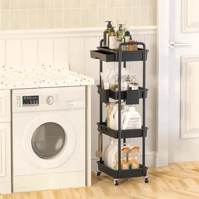 Alt view image 6 of 7 - 4 Tier Rolling Utility Cart with Drawer, Plastic Storage Organizer Rolling Carts with Wheels Handles Hanging Cups Hooks for Office, Bathroom, Kitchen,Craft Art Room (Black)