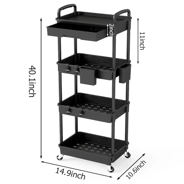 Alt view image 2 of 7 - 4 Tier Rolling Utility Cart with Drawer, Plastic Storage Organizer Rolling Carts with Wheels Handles Hanging Cups Hooks for Office, Bathroom, Kitchen,Craft Art Room (Black)