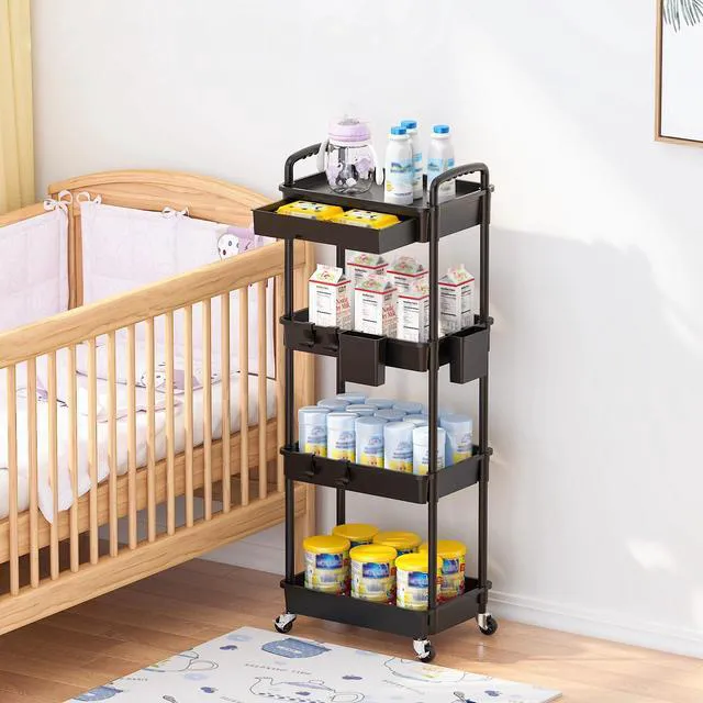 Alt view image 7 of 7 - 4 Tier Rolling Utility Cart with Drawer, Plastic Storage Organizer Rolling Carts with Wheels Handles Hanging Cups Hooks for Office, Bathroom, Kitchen,Craft Art Room (Black)