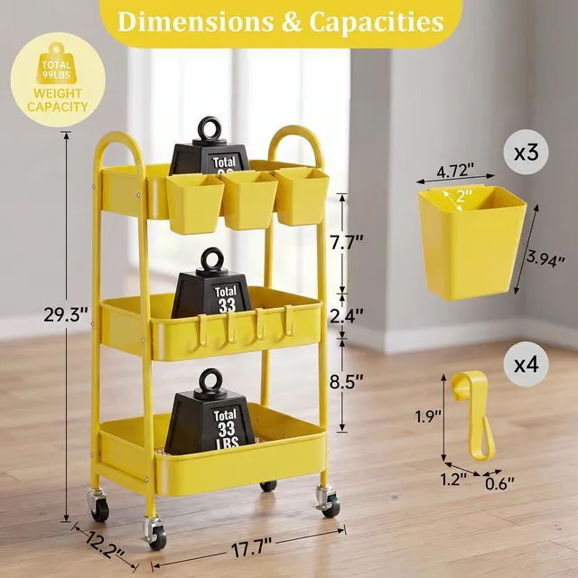 Alt view image 2 of 7 - 3-Tier Rolling Cart, Utility Cart Mobile Metal Rolling Storage Cart with Lockable Wheels & Hanging Cups & Hooks for Kitchen, Bathroom, Office, Workshop, Yellow