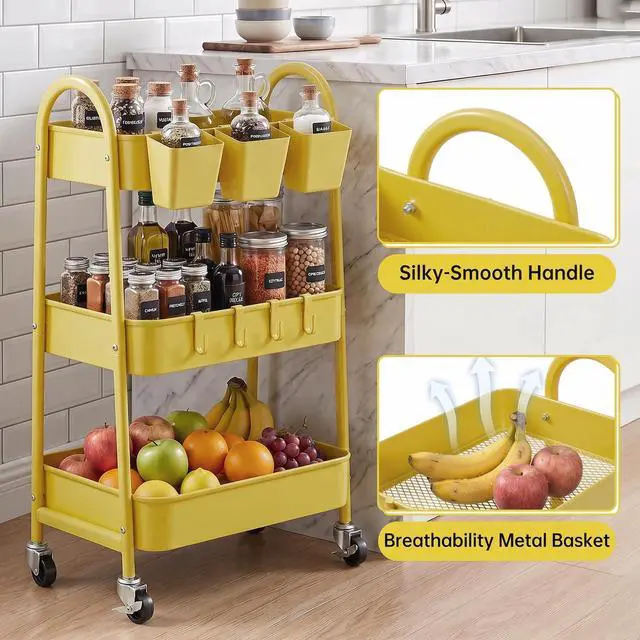 Alt view image 3 of 7 - 3-Tier Rolling Cart, Utility Cart Mobile Metal Rolling Storage Cart with Lockable Wheels & Hanging Cups & Hooks for Kitchen, Bathroom, Office, Workshop, Yellow