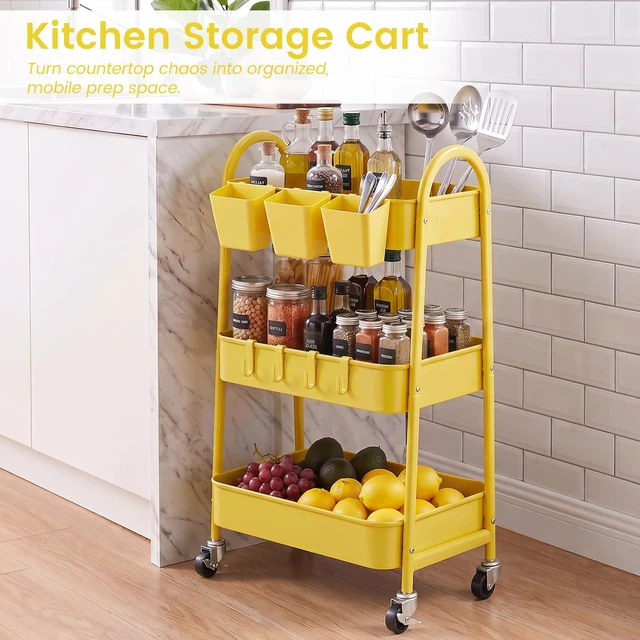 Alt view image 7 of 7 - 3-Tier Rolling Cart, Utility Cart Mobile Metal Rolling Storage Cart with Lockable Wheels & Hanging Cups & Hooks for Kitchen, Bathroom, Office, Workshop, Yellow