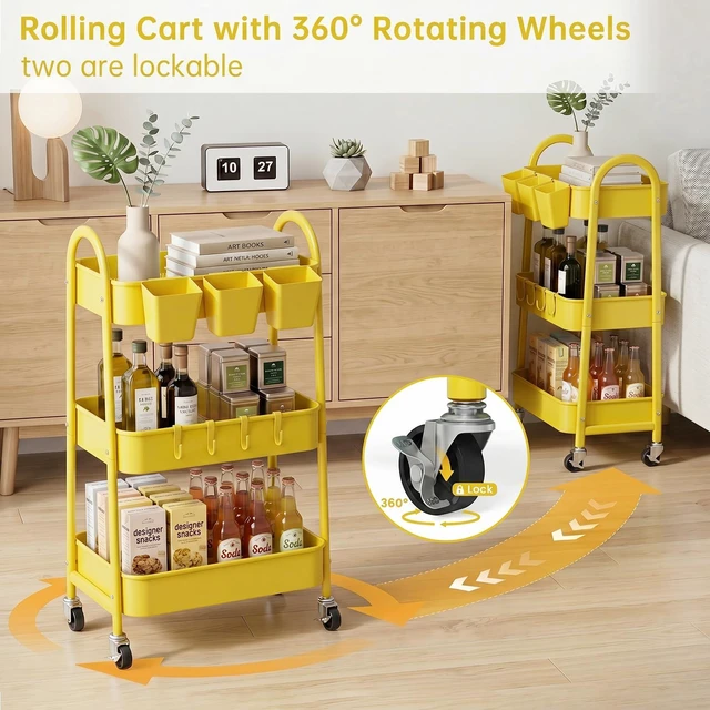 Alt view image 4 of 7 - 3-Tier Rolling Cart, Utility Cart Mobile Metal Rolling Storage Cart with Lockable Wheels & Hanging Cups & Hooks for Kitchen, Bathroom, Office, Workshop, Yellow