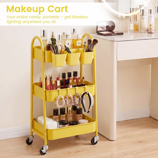 Alt view image 6 of 7 - 3-Tier Rolling Cart, Utility Cart Mobile Metal Rolling Storage Cart with Lockable Wheels & Hanging Cups & Hooks for Kitchen, Bathroom, Office, Workshop, Yellow