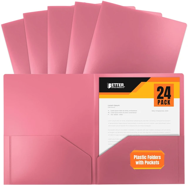 Main image of Heavyweight Plastic 2 Pocket Portfolio Folder, Letter Size Poly Folders, 24 Pack (Pink)
