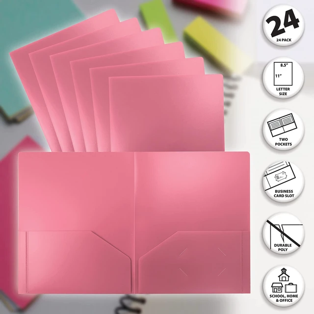 Alt view image 3 of 6 - Heavyweight Plastic 2 Pocket Portfolio Folder, Letter Size Poly Folders, 24 Pack (Pink)