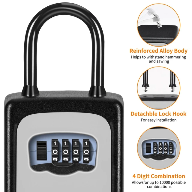 Alt view image 5 of 7 - Portable Key Lock Box, Upgrade Clearly Visible Numbers, Lock Box Wall Mounted for House Key, 5 Key Capacity, Weatherproof Resettable Code (4 Pack, Grey)