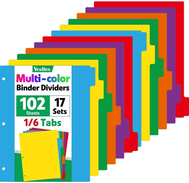 Main image of 102 Pcs Colored Binder Dividers with Tabs, 1/6 Cut Tabs, Dividers for 3 Ring Binder, Blank Write On Binder Dividers in 6 Tab Sets, Letter Size, 102 Dividers, 17 Sets, Multicolor