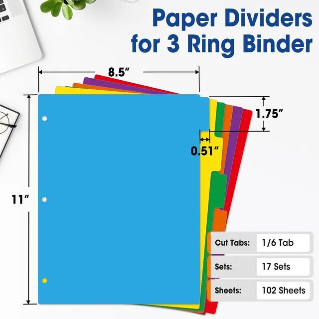 Alt view image 2 of 6 - 102 Pcs Colored Binder Dividers with Tabs, 1/6 Cut Tabs, Dividers for 3 Ring Binder, Blank Write On Binder Dividers in 6 Tab Sets, Letter Size, 102 Dividers, 17 Sets, Multicolor