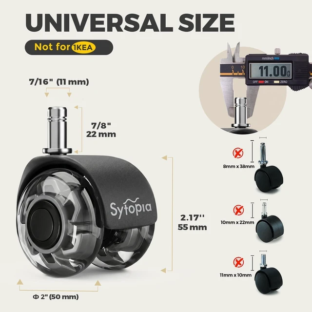 Alt view image 2 of 7 - Office Chair Wheels 2" Desk Chair Caster Wheels Smooth Roller Style Quiet for Carpet and Hardwood Floors Universal Fit 11x22 mm Set of 5 Grey