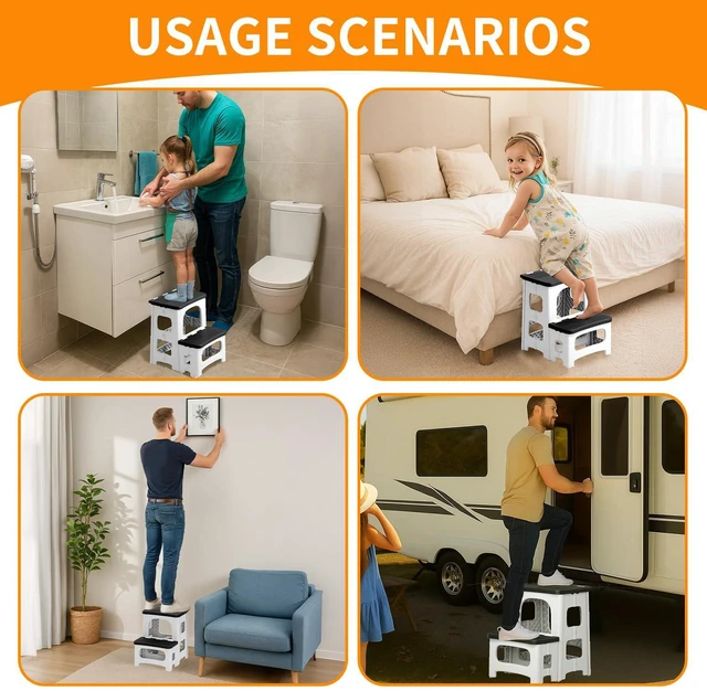 Alt view image 2 of 7 - 2 Step Stool Foldable, Non-Slip Steps, Folding Step Stool for Adults & Kids, Plastic Stool Pool Ladder, Collapsible Stools 2 Step Ladder for Kitchen Toilet Bedroom Office RV, Holds 330 lbs