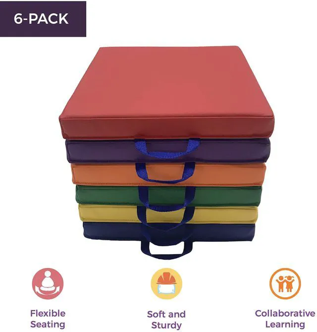 Alt view image 2 of 7 - SoftScape 15 inch Square Classroom Floor Cushions with Handles; Flexible Seating for Daycare, Preschool, Playroom; 2 inch Thick Deluxe Foam (6-Piece) - Assorted, 12228-AS