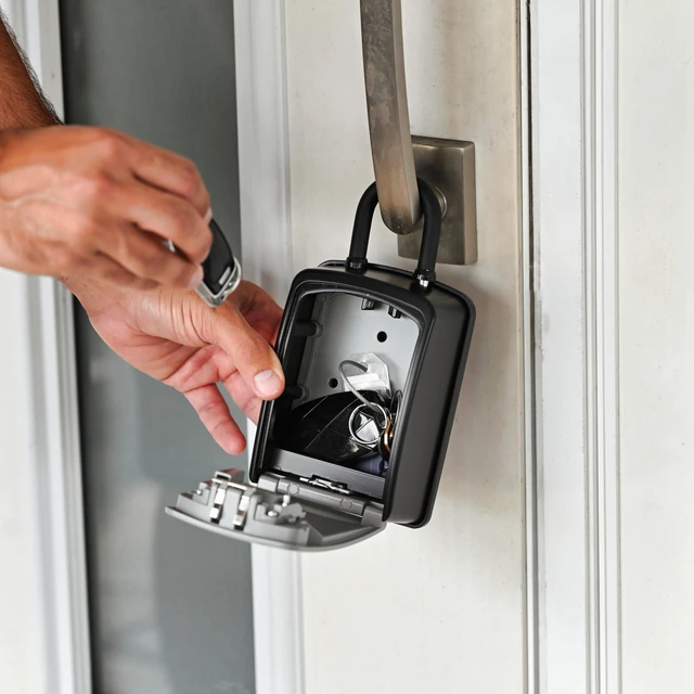 Alt view image 6 of 7 - ® XXL Portable Key Lock Box, U-Shackle 4-Digit Code (XXL, Grey) Holds 20-30 keys plus fobs, cards & remotes; unique built-in tray; weather resistant; wall-mount hardware included
