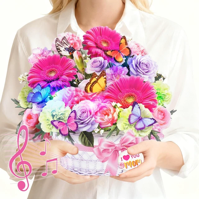 Main image of Birthday Card For Women with Music Lights, 3D Pop Up Daisy Bouquet 10 Inch Life Size, Daisy Butterfly Forever Flower, Play Music,Lights Dance,Musical Birthday Cards/Gift For Mother,Mom,Grandma