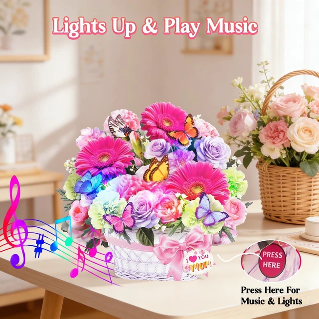Alt view image 2 of 7 - Birthday Card For Women with Music Lights, 3D Pop Up Daisy Bouquet 10 Inch Life Size, Daisy Butterfly Forever Flower, Play Music,Lights Dance,Musical Birthday Cards/Gift For Mother,Mom,Grandma