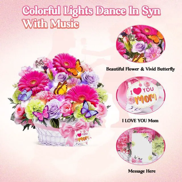 Alt view image 4 of 7 - Birthday Card For Women with Music Lights, 3D Pop Up Daisy Bouquet 10 Inch Life Size, Daisy Butterfly Forever Flower, Play Music,Lights Dance,Musical Birthday Cards/Gift For Mother,Mom,Grandma