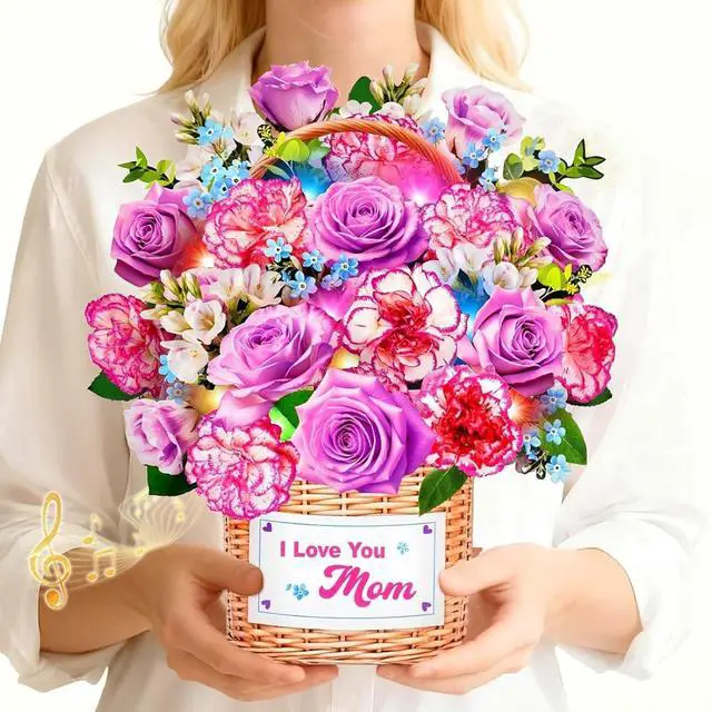 Main image of Birthday Card For Women With Music Light, Pop Up Carnation Bouquet 10 Inch Life Size, Play Music, Lights Dance, 3D Paper Forever Flower, Musical Birthday Cards/Gift For Mother,Mom,Wife,Grandma
