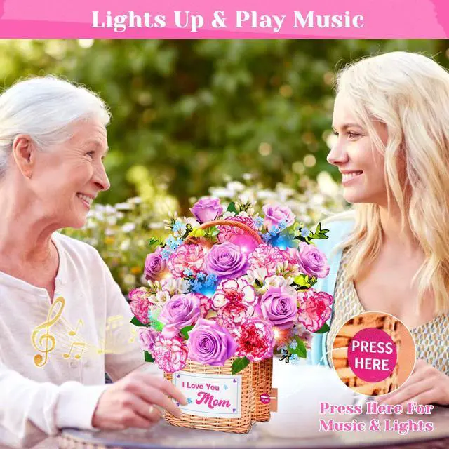 Alt view image 2 of 7 - Birthday Card For Women With Music Light, Pop Up Carnation Bouquet 10 Inch Life Size, Play Music, Lights Dance, 3D Paper Forever Flower, Musical Birthday Cards/Gift For Mother,Mom,Wife,Grandma