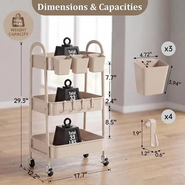 Alt view image 2 of 7 - 3-Tier Rolling Cart, Utility Cart Mobile Metal Rolling Storage Cart with Lockable Wheels & Hanging Cups & Hooks for Kitchen, Bathroom, Office, Workshop, Beige