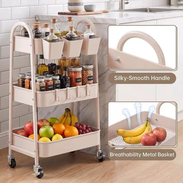 Alt view image 3 of 7 - 3-Tier Rolling Cart, Utility Cart Mobile Metal Rolling Storage Cart with Lockable Wheels & Hanging Cups & Hooks for Kitchen, Bathroom, Office, Workshop, Beige