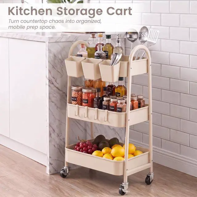 Alt view image 5 of 7 - 3-Tier Rolling Cart, Utility Cart Mobile Metal Rolling Storage Cart with Lockable Wheels & Hanging Cups & Hooks for Kitchen, Bathroom, Office, Workshop, Beige