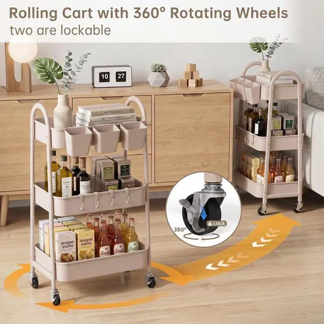 Alt view image 4 of 7 - 3-Tier Rolling Cart, Utility Cart Mobile Metal Rolling Storage Cart with Lockable Wheels & Hanging Cups & Hooks for Kitchen, Bathroom, Office, Workshop, Beige