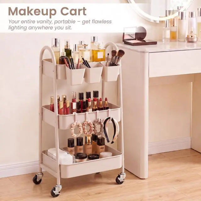 Alt view image 6 of 7 - 3-Tier Rolling Cart, Utility Cart Mobile Metal Rolling Storage Cart with Lockable Wheels & Hanging Cups & Hooks for Kitchen, Bathroom, Office, Workshop, Beige