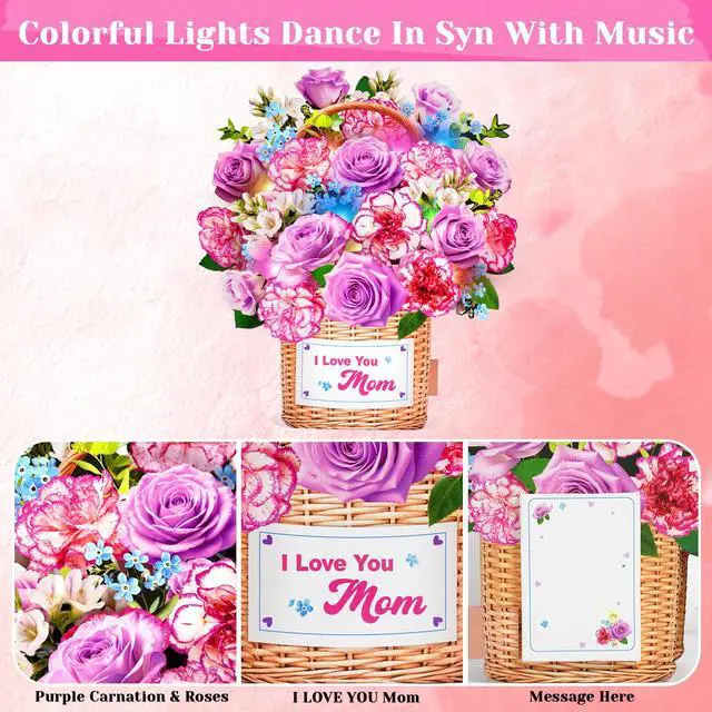 Alt view image 4 of 7 - Birthday Card For Women With Music Light, Pop Up Carnation Bouquet 10 Inch Life Size, Play Music, Lights Dance, 3D Paper Forever Flower, Musical Birthday Cards/Gift For Mother,Mom,Wife,Grandma