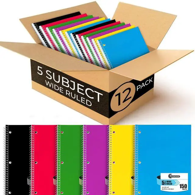Main image of Spiral Notebook 12 Pack, 5 Subject, Wide Ruled, 150 Sheets Spiral Journal, 300 Pages, 8 x 10-1/2", School & Office Bulk Spiral Notebooks, 5 Subject Notebooks for Office & School