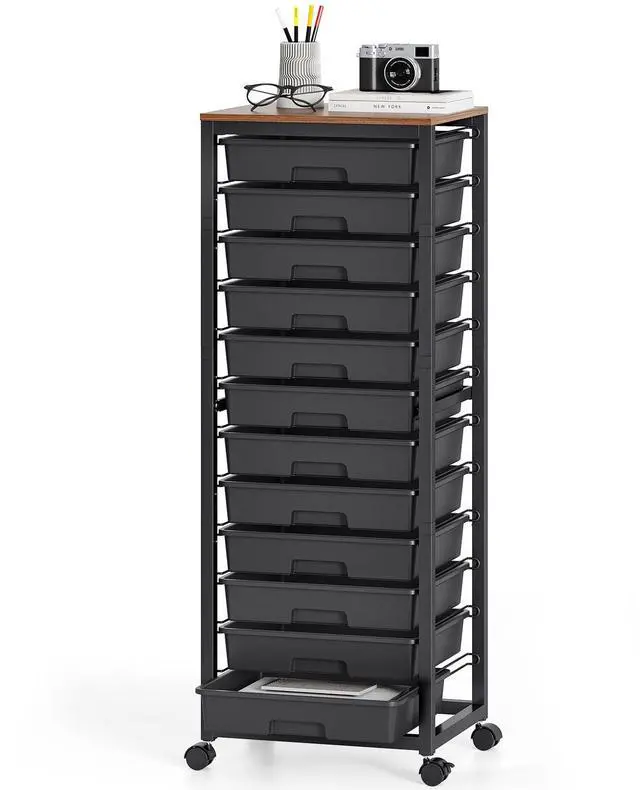 Main image of Rolling Cart with 12 Drawers,Black Storage Cart with Wooden Tabletop and Wheels for Craft Organizer,Classroom,Office,Easy Assembly