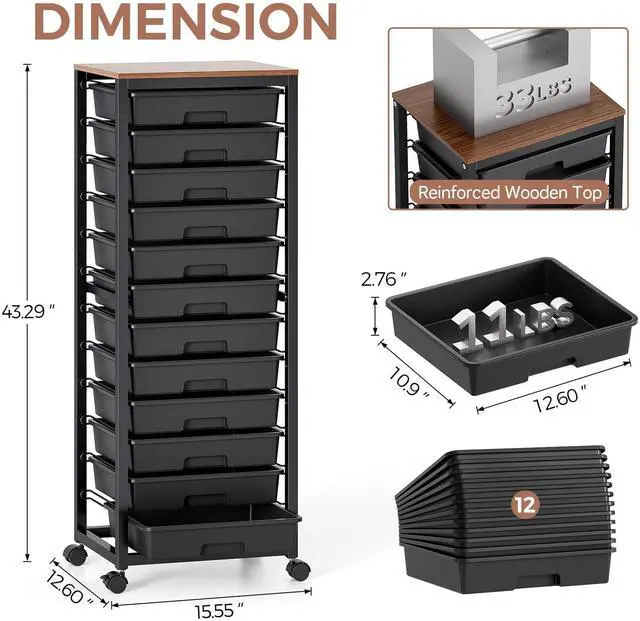 Alt view image 2 of 7 - Rolling Cart with 12 Drawers,Black Storage Cart with Wooden Tabletop and Wheels for Craft Organizer,Classroom,Office,Easy Assembly