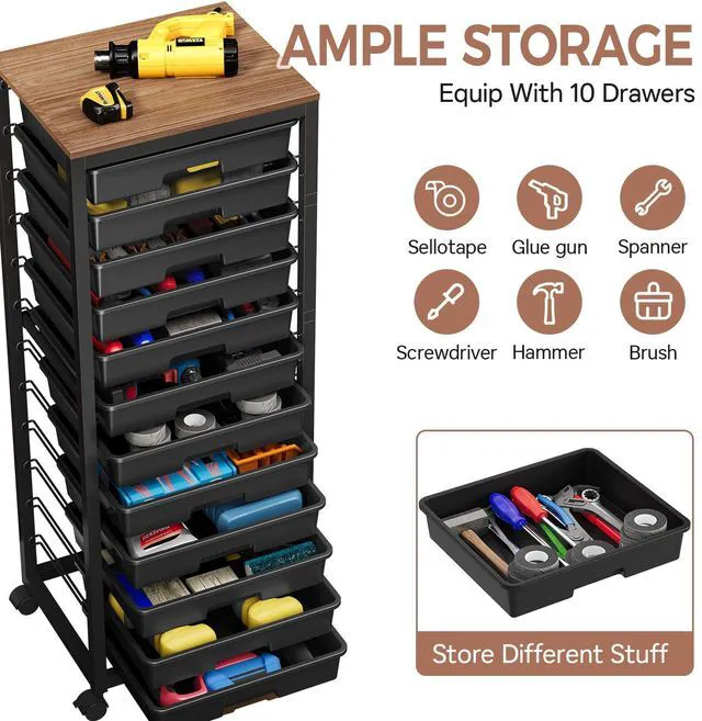 Alt view image 3 of 7 - Rolling Cart with 12 Drawers,Black Storage Cart with Wooden Tabletop and Wheels for Craft Organizer,Classroom,Office,Easy Assembly