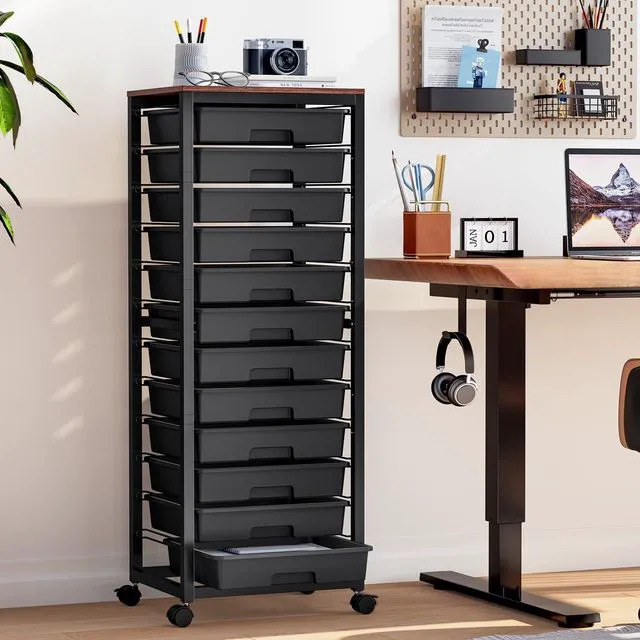 Alt view image 4 of 7 - Rolling Cart with 12 Drawers,Black Storage Cart with Wooden Tabletop and Wheels for Craft Organizer,Classroom,Office,Easy Assembly