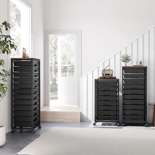 Alt view image 6 of 7 - Rolling Cart with 12 Drawers,Black Storage Cart with Wooden Tabletop and Wheels for Craft Organizer,Classroom,Office,Easy Assembly