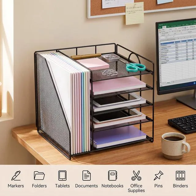 Alt view image 5 of 7 - Desk Organizer, 5-Tier Paper Organizer Letter Tray, Black Desk Organizers and Accessories, Office Desk Accessories & Workspace Organizers, Desktop File Organizer for Office Supplies
