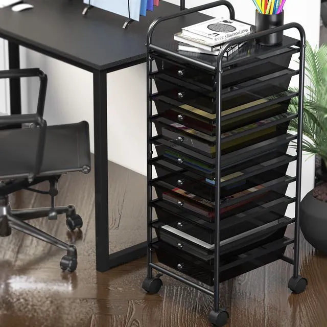 Alt view image 2 of 7 - 10 Drawers Rolling Utility Cart Organizer, Black 1-Column, 36" Height, Lockable Wheels, for School, Office, Art Craft, and Paper Storage
