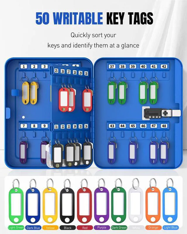 Alt view image 4 of 7 - 48 Keys Lock Box for Keys with Code, Wall Mount Key Lock Box with Code, Lockbox for Keys, Key Lockbox with Tags, Key Cabinet, Key Storage Box for Home Office & Company, Blue