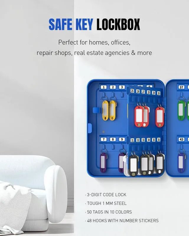 Alt view image 7 of 7 - 48 Keys Lock Box for Keys with Code, Wall Mount Key Lock Box with Code, Lockbox for Keys, Key Lockbox with Tags, Key Cabinet, Key Storage Box for Home Office & Company, Blue