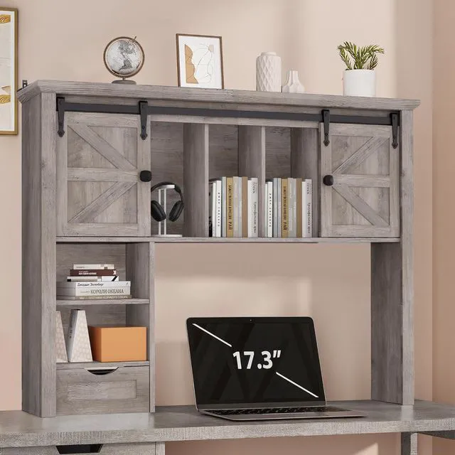 Main image of Large Desktop Bookshelf with Sliding Barn Door, 47.2''W Desk Shelf Display Rack, Desktop Organizer Storage Rack with 7 Cubbies and Drawer, Home, Desk Shelf for Office, Dorm, Vanity, Oak