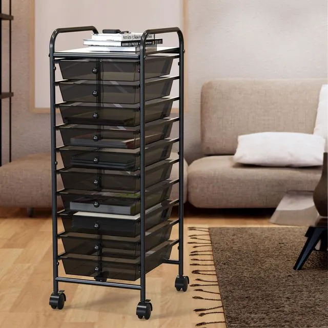 Alt view image 3 of 7 - 10 Drawers Rolling Utility Cart Organizer, Black 1-Column, 36" Height, Lockable Wheels, for School, Office, Art Craft, and Paper Storage
