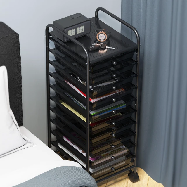 Alt view image 6 of 7 - 10 Drawers Rolling Utility Cart Organizer, Black 1-Column, 36" Height, Lockable Wheels, for School, Office, Art Craft, and Paper Storage