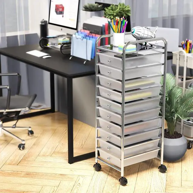 Alt view image 2 of 7 - 10 Drawers Rolling Utility Cart Organizer, Chrome 1-Column, 36" Height, Lockable Wheels, for School, Office, Art Craft, and Paper Storage