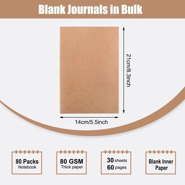Alt view image 2 of 7 - 80pcs Kraft Notebooks for Kids, Blank Journals Bulk, Sketch Books, 60 Pages Composition Notebook, 80gsm, 8.3x5.5 Inches, Travel Journal Set, for Travelers, Students and Office Supplies