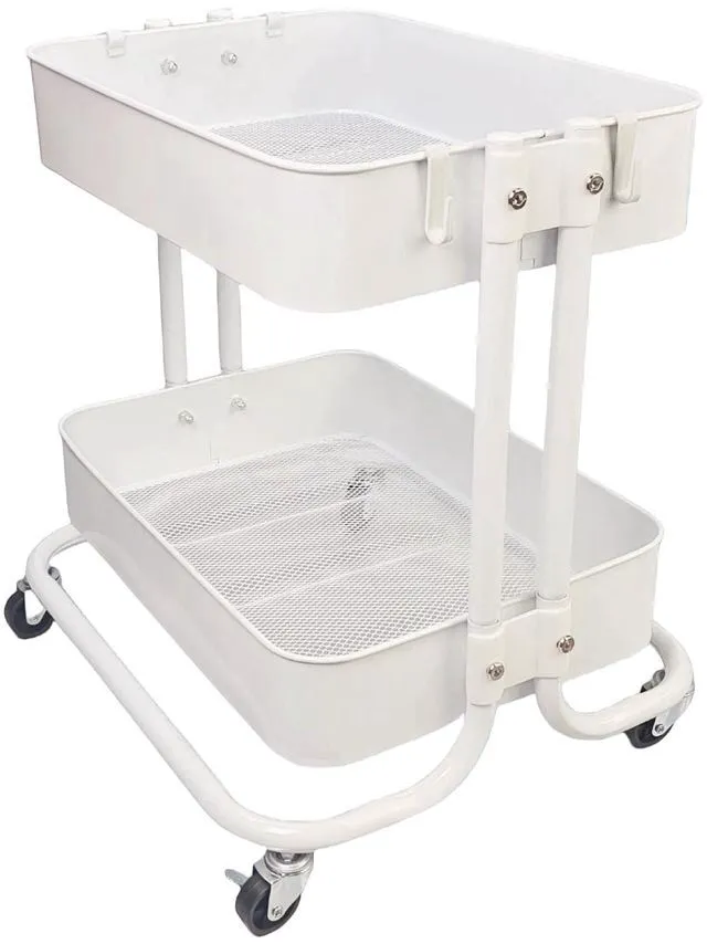Main image of 2 Tier Under Desk Storage Cart with Wheels Heavy Duty Metal Short Rolling Pantry Storage Cart for Small Space, Utility Trolley for Kitchen Bathroom Laundry Cute Snack Craft Organizer, White