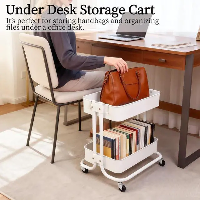Alt view image 3 of 6 - 2 Tier Under Desk Storage Cart with Wheels Heavy Duty Metal Short Rolling Pantry Storage Cart for Small Space, Utility Trolley for Kitchen Bathroom Laundry Cute Snack Craft Organizer, White