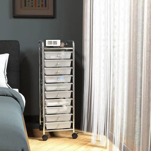Alt view image 6 of 7 - 10 Drawers Rolling Utility Cart Organizer, Chrome 1-Column, 36" Height, Lockable Wheels, for School, Office, Art Craft, and Paper Storage