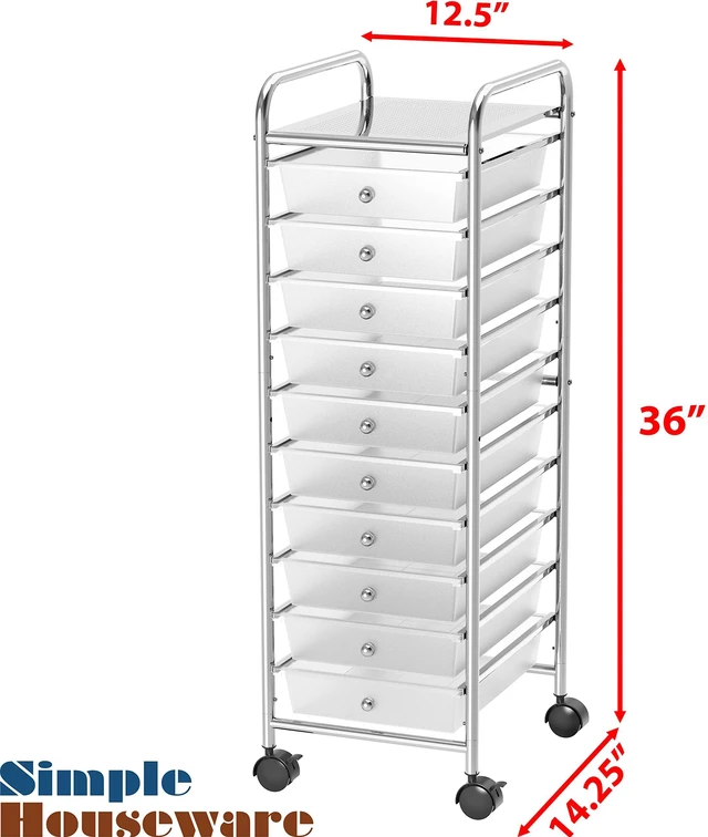 Alt view image 7 of 7 - 10 Drawers Rolling Utility Cart Organizer, Chrome 1-Column, 36" Height, Lockable Wheels, for School, Office, Art Craft, and Paper Storage