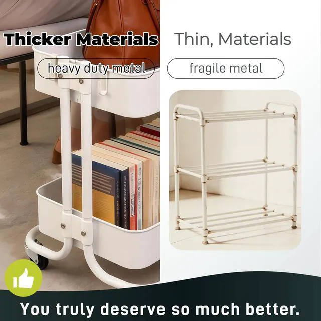 Alt view image 4 of 6 - 2 Tier Under Desk Storage Cart with Wheels Heavy Duty Metal Short Rolling Pantry Storage Cart for Small Space, Utility Trolley for Kitchen Bathroom Laundry Cute Snack Craft Organizer, White