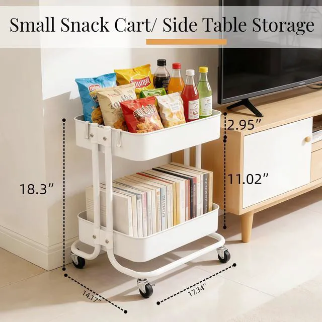 Alt view image 5 of 6 - 2 Tier Under Desk Storage Cart with Wheels Heavy Duty Metal Short Rolling Pantry Storage Cart for Small Space, Utility Trolley for Kitchen Bathroom Laundry Cute Snack Craft Organizer, White