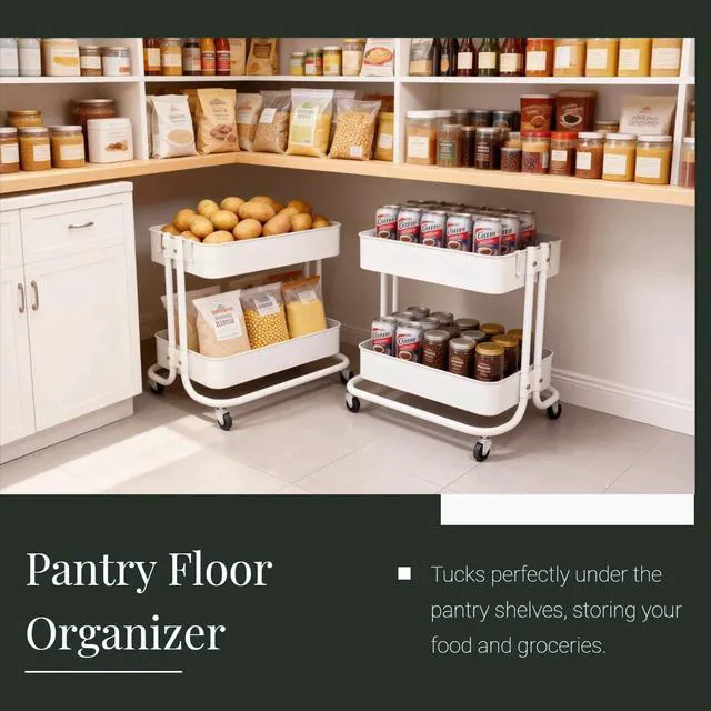 Alt view image 2 of 6 - 2 Tier Under Desk Storage Cart with Wheels Heavy Duty Metal Short Rolling Pantry Storage Cart for Small Space, Utility Trolley for Kitchen Bathroom Laundry Cute Snack Craft Organizer, White